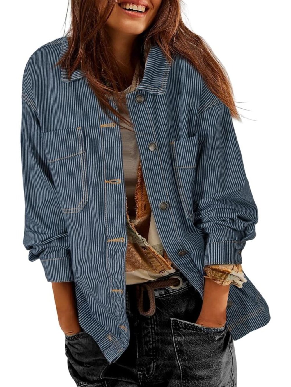 Women's Stripe Blue Sleeve Button Down Casual Denim Jean Jacket Shacket